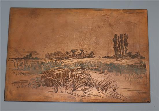 Three copper etching plates by TW Robinson and an etching of Lewes 1878 and three others Largest 6.5 x 4.75in. unframed.